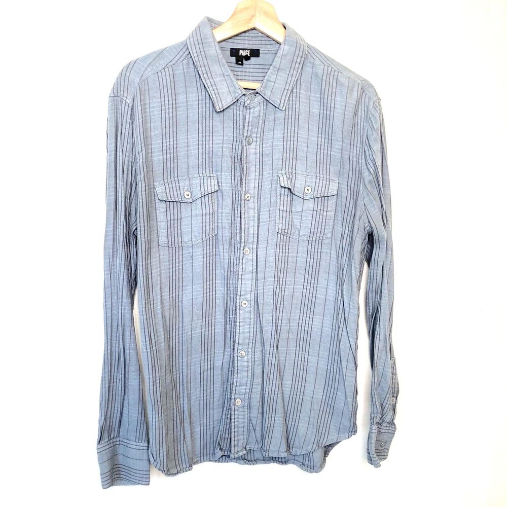 PAIGE Men's Medium Albro Shirt River Mist Blue Plaine Long Sleeve Button Up Soft